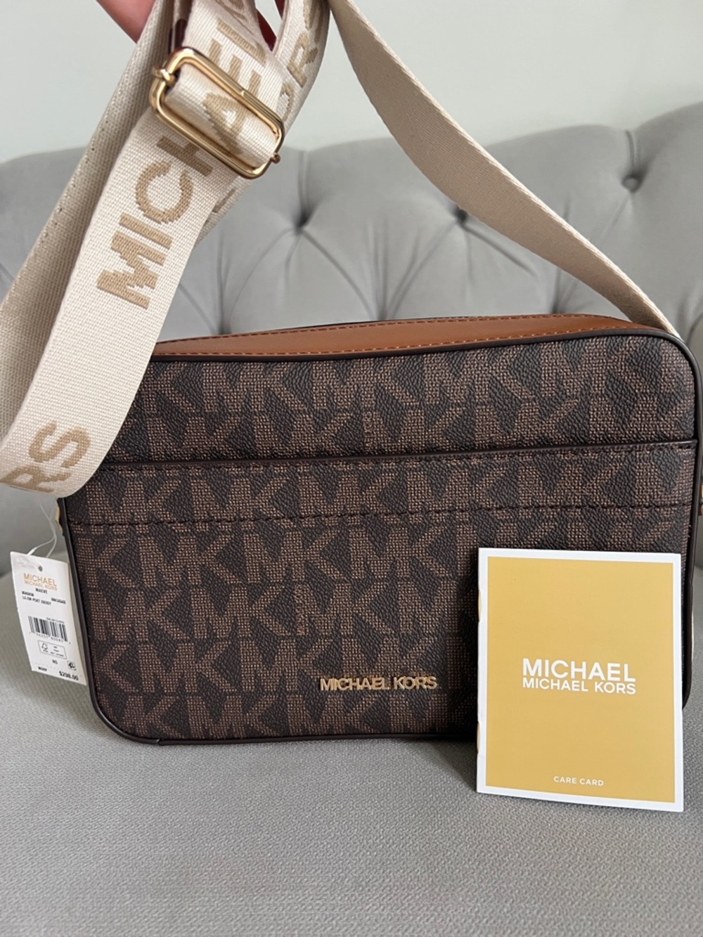 Michael Kors Brown Logo Canvas Crossbody Bag with Branded Cream Strap - Picture 13 of 17